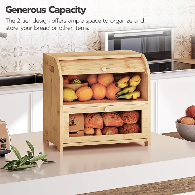 HOOBRO Bread Box, Bamboo Bread Box for Kitchen Countertop, 2 Tier Roll-Top Bread Bin, Food Storage Box, Large Capacity Keeper, Wooden Storage Cabinet, for Kitchen, Dining Room, Natural YL13MB01 - Image 4