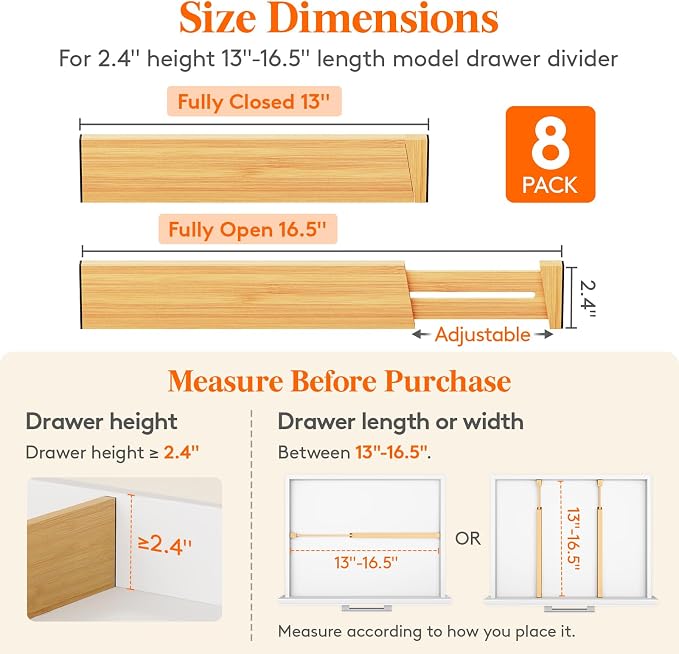 Lifewit 2.4" High 8 Pack Bamboo Drawer Dividers 33-42cm/13-16.5" Adjustable Wooden Drawer Organizer for Clothes/Utensils, Expandable Drawer Separator for Dresser/Kitchen/Bedroom/Office Organization - Image 3