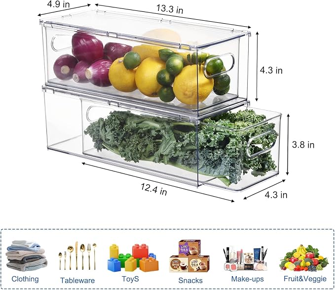 Fridge Organizers and Storage Pull Out Drawer, 2 Small | Stackable, Clear, Fruit and Veggies Containers, for Kitchen, Cabinet - Image 2