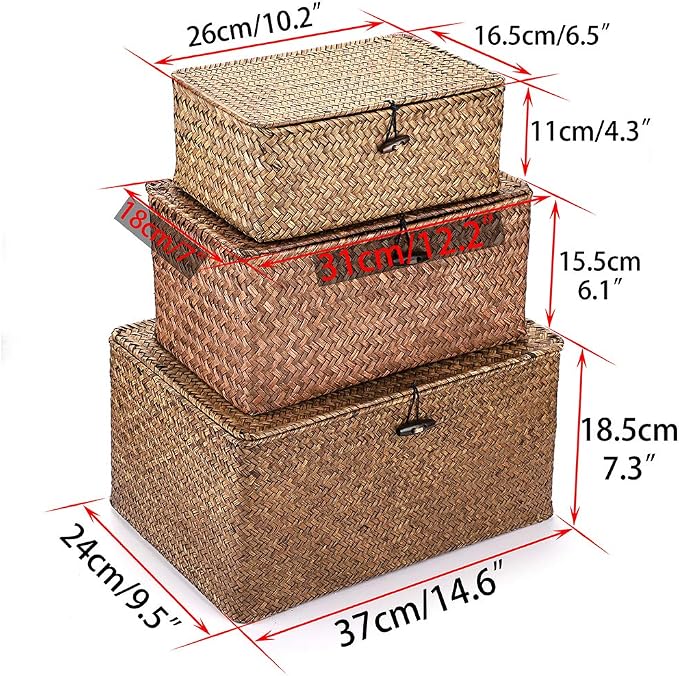 Hipiwe Set of 3 Seagrass Storage Baskets with Lid - Large Woven Wicker Bins | Rectangular Storage Basket Box Home Decor Household Organizer Boxes Shelf Wardrobe Organizer, Coffee - Image 6
