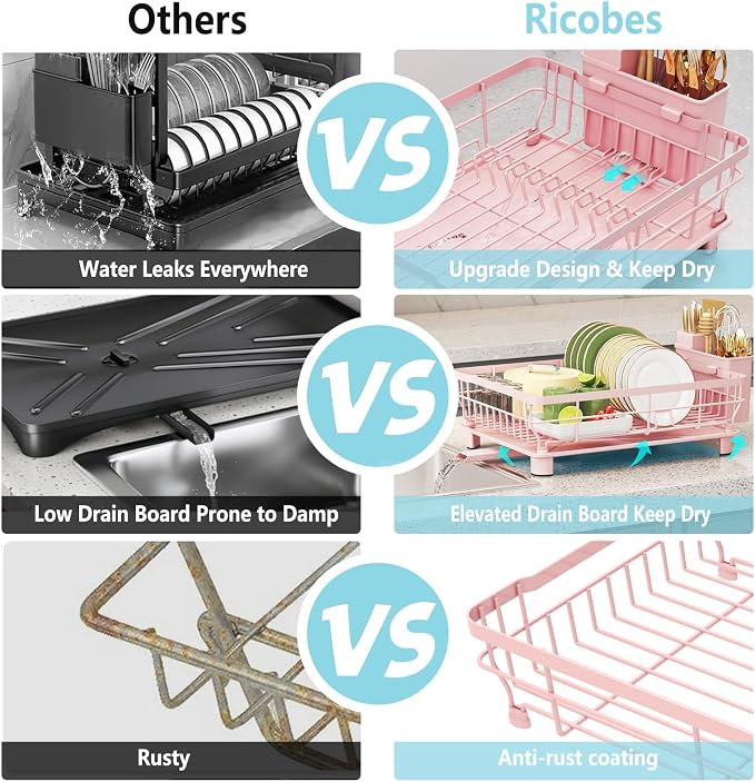 Dish Drying Rack - Space Saving Dish Rack - Dish Racks for Kitchen Counter with Drainboard,Rustproof Dish Drainer with Removable Utensil Holder,Pink - Image 5