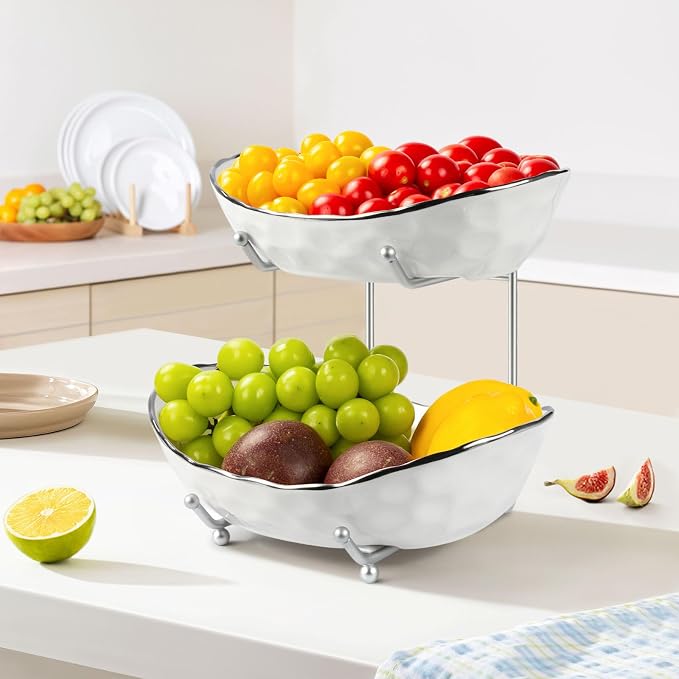 Fruit Bowl for Kitchen Counter - Two Tier Ceramic Fruit Basket, Fruit Holder for Fresh Fruit&Veggies, Modern Tiered Fruit Platter Serving Trays for Party - Image 3