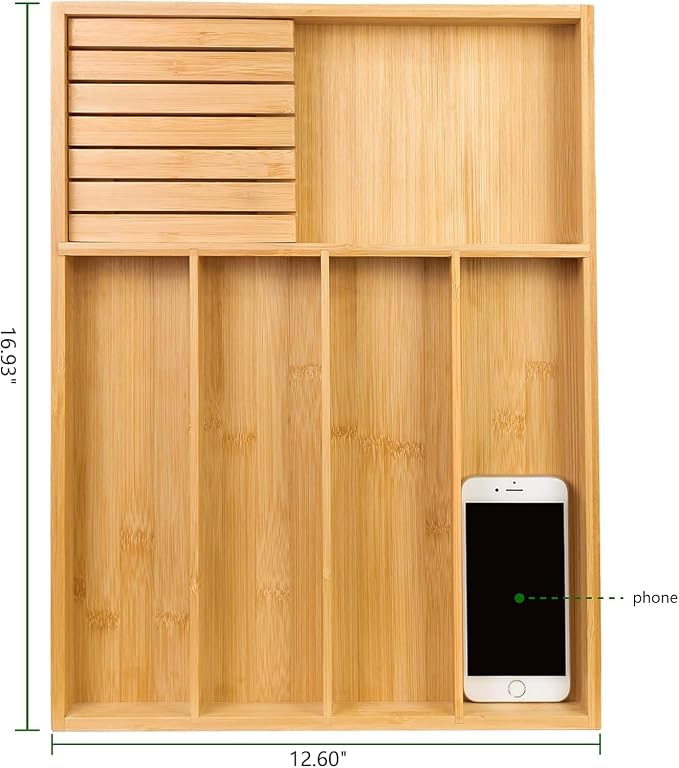 VaeFae Bamboo Silverware Drawer Organizer, 5 Slots, Natural | Wooden Cutlery Tray with Divider for Kitchen, Flatware Storage,43 cm D x 32 cm W, 5 Slots, Natural - Image 3