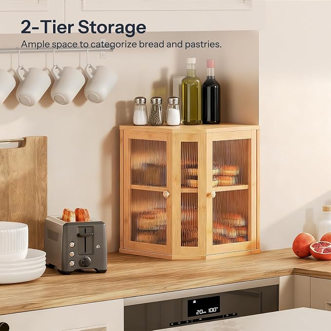 HOOBRO Bread Box, Bamboo Bread Box for Kitchen Countertop, 2-Tier Corner Bread Box, Large Capacity Bread Bin, Food Storage Box, Bread Storage Container for Kitchen, Dining Room, Natural YL12MB01 - Image 2