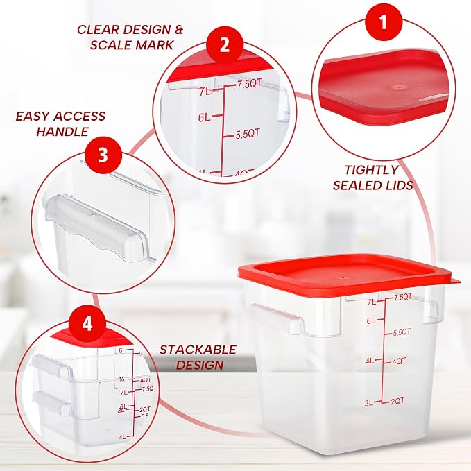 4 Pack 8QT Square Food Storage Containers with Lids | Clear NSF polycarbonate containers with scale, label and measuring cup, stackable for prep, storage, freezer. Dishwasher safe - Image 4