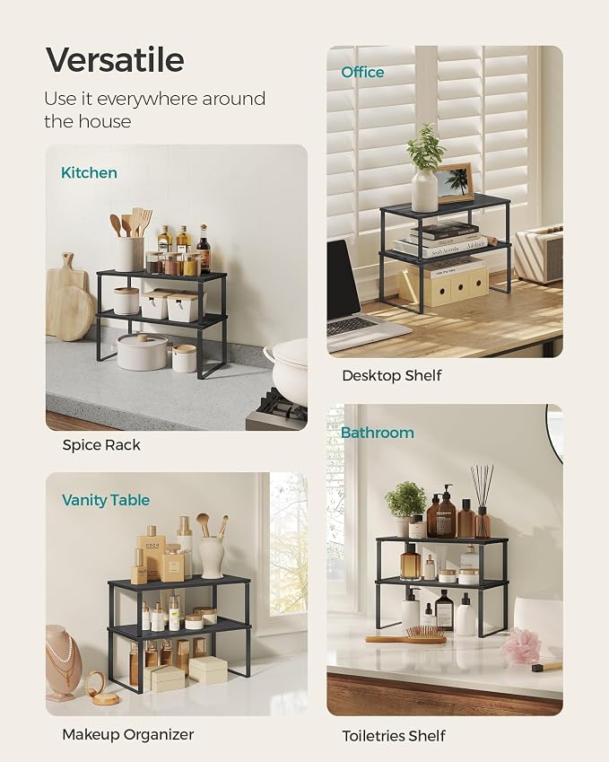 SONGMICS Cabinet Organizer Shelf, Set of 2 Kitchen Counter Shelves, Kitchen Storage, Spice Rack, Stackable, Expandable, Metal and Engineered Wood, 15.6 Inches, Ink Black and Charcoal Black UKCS025B01 - Image 5