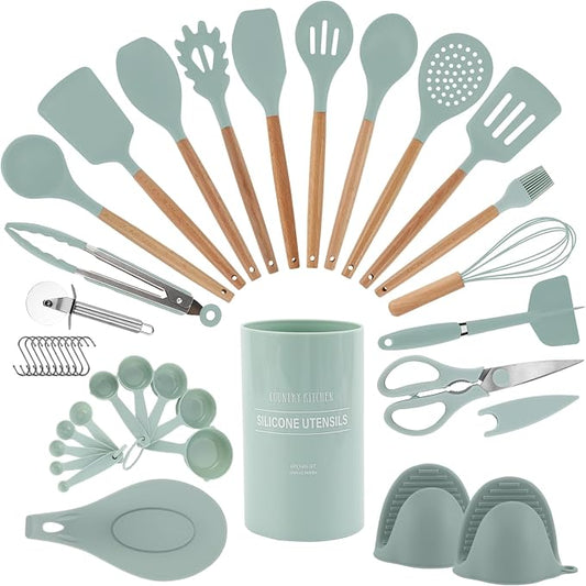 Country Kitchen Non Stick Silicone Utensil Set with Rounded Wood Handles for Cooking and Baking, 38 Piece Set, Mint by CountryKitchen