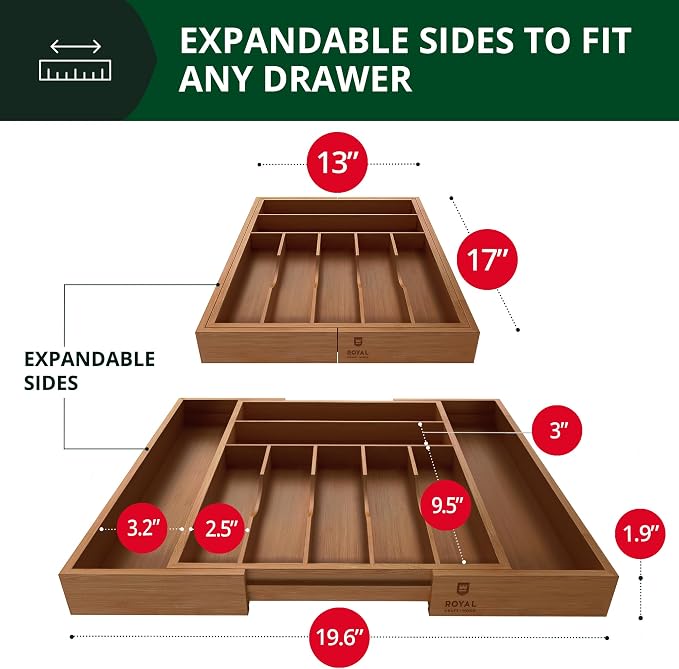 ROYAL CRAFT WOOD Luxury Bamboo Kitchen Drawer Organizer - Silverware Organizer - Utensil Holder and Cutlery Tray with Grooved Drawer Dividers for Flatware and Kitchen Utensils (9 Slot, Brown Bamboo) - Image 2