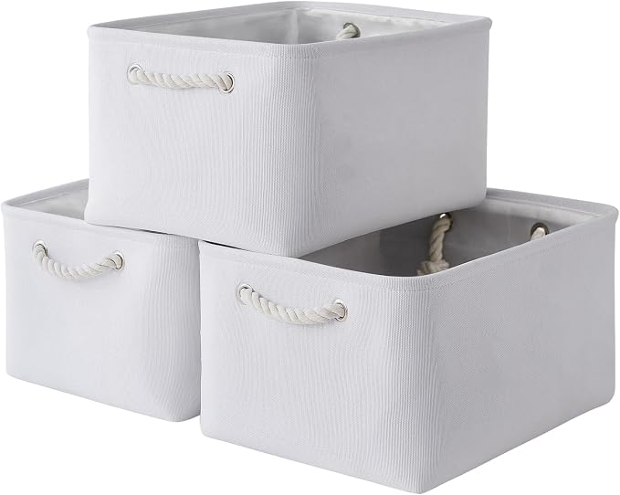 Storage Basket for Gifts Empty - Large 3 Pack 15.7x11.8x8.2 inch Storage Basket for Organizing with Handles, Canves Storage Bins for Organizer Closet Toy Cubes Gift (White) by TheWarmHome
