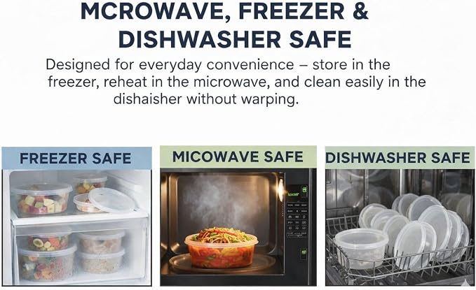 1ABOVE 50 Pack Round Plastic Food Containers with Lids – Reusable Leakproof BPA-Free Meal Prep Storage, Microwave, Freezer & Dishwasher Safe (225ML) - Image 5