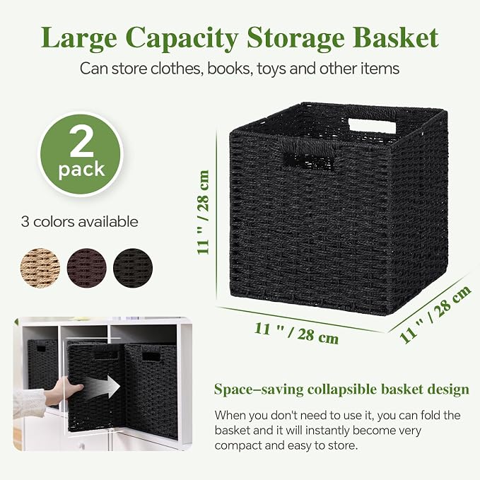 Patvingot 11-Inch Paper Rope Wicker Basket with Built-In Handles,2 Pack | For books, throws and accessories on open shelves, decorative woven texture, metal frame supports the shape, folds flat - Image 2