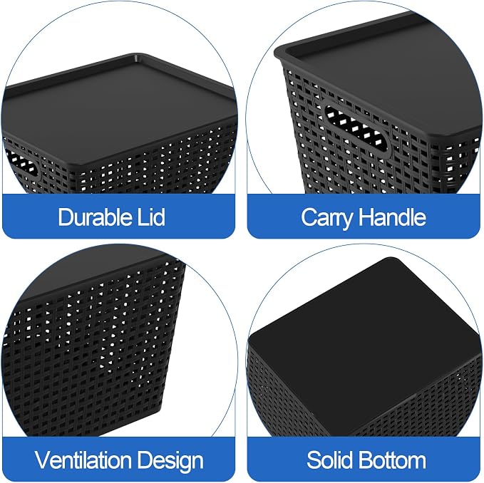 Plastic Organizing Basket with Lid, Woven Storage Basket Set of 6 | Black, Stackable - Image 5