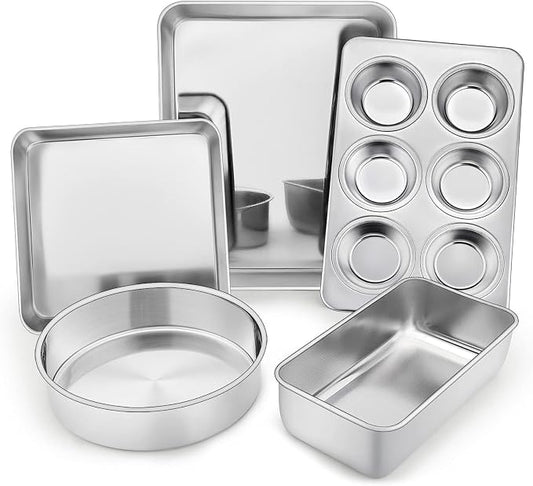 TeamFar Stainless Steel Bakeware Set of 5 | Toaster Oven Baking Roasting Pans, Square/Round Cake Pan, Loaf Pan & Muffin Pan, Healthy & Heavy Duty, Dishwasher Safe by TeamFar