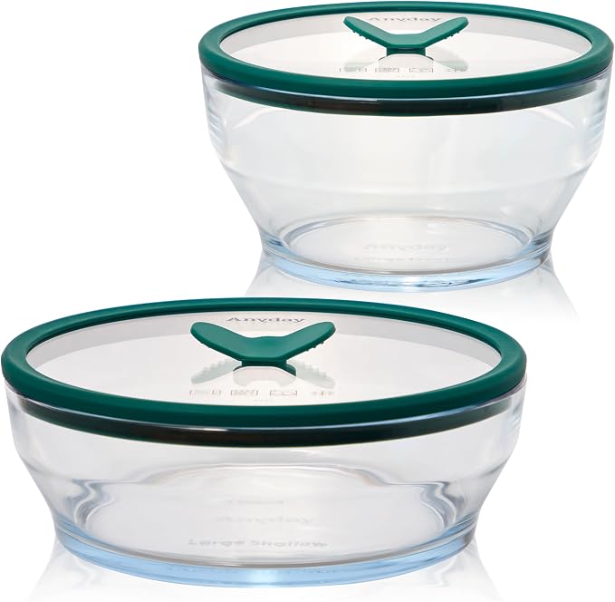 Anyday 4-Piece Large Glass Food Storage with Lids (Clear Kale) | Microwave Steamer, Plastic-Free Meal Prep, Stackable Airtight Storage Container, Vented Glass Lid, Microwave-Safe Reheating by Anyday