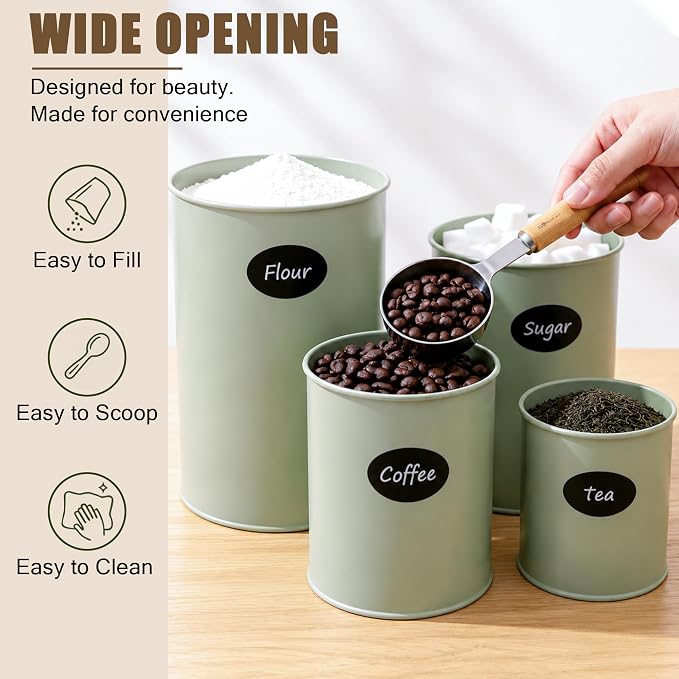Kitchen Canister Set of 4 Airtight Metal Containers with Bamboo Lids, Green | Flour sugar coffee tea canisters set with bamboo lids, customizable chalkboard labels & marker pen - Image 6