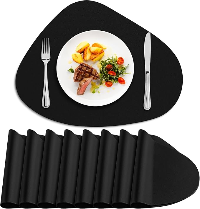 Faux Leather Placemats Set of 8, Wipeable & Washable Table Mats | Waterproof, Heat-Resistant & Easy to Clean Round Place Mats for Dining & Kitchen, 17''x13'', Black by Delicateandelegantplacemats