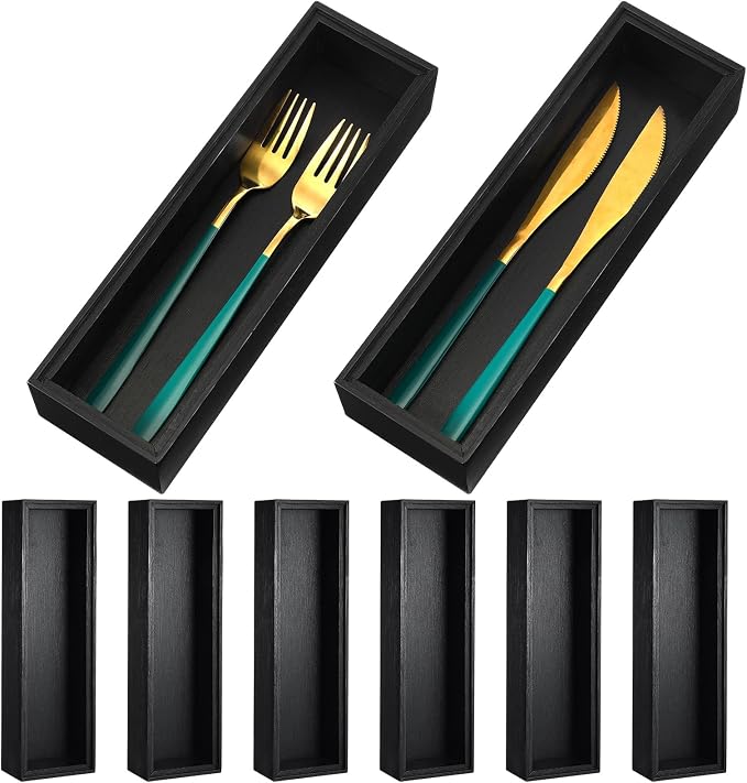 Uiifan 6 Pcs 10 x 3 x 2'' Bamboo Drawer Organizer Black Stackable Utensil Silverware Holder Wooden Tray Drawer Dividers Boxes Spoon Storage Organizer for Kitchen Office Bathroom Cabinet Jewelry by Uiifan