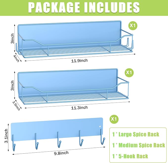 Magnetic Spice Rack for Refrigerator, 3 Pack Metal Magnet Spice Organizer Shelf with Hook Rack, Magnetic Fridge Shelves for Kitchen Organization and Storage, Seasoning Organizer Gadgets (Blue) - Image 2
