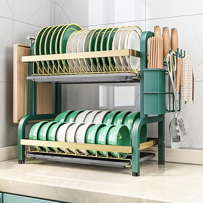 CAKERS Dish Drying Rack with Removable Drain Tray|Carbon Steel Dish Strainers for Kitchen Counter|Tableware Holder Dinnerware Drainer Organizer,Green-Gold,2 Tier-Main Shelf with Set - Image 9