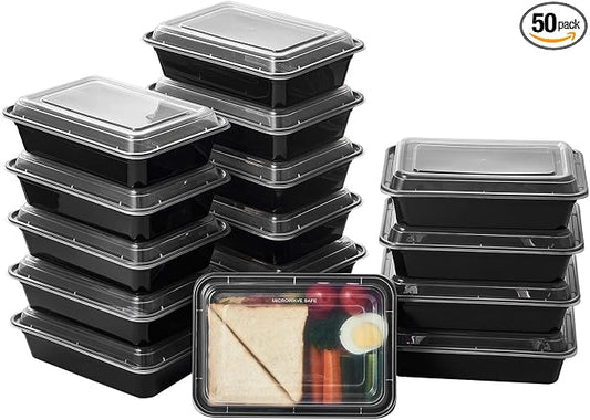 32 oz 50Pack Plastic Meal Prep Food Storage Containers with Lids Reusable 1 Compartment To Go Lunch Box Black Extra Large &Thick Microwave Freezer Dishwasher Safe BPA Free Stackable by FULING