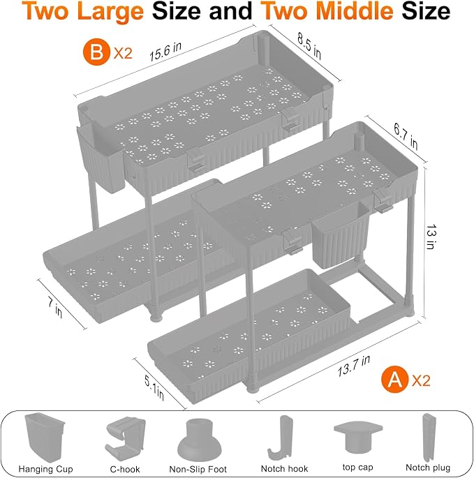 4-Pack 2-Tier Under Sink Organizer with Pull Out Drawers | Multi-use kitchen & bathroom storage. Includes hanging hooks and cups. Gray, space-saving cabinet design. 12.8 Inch - Image 6