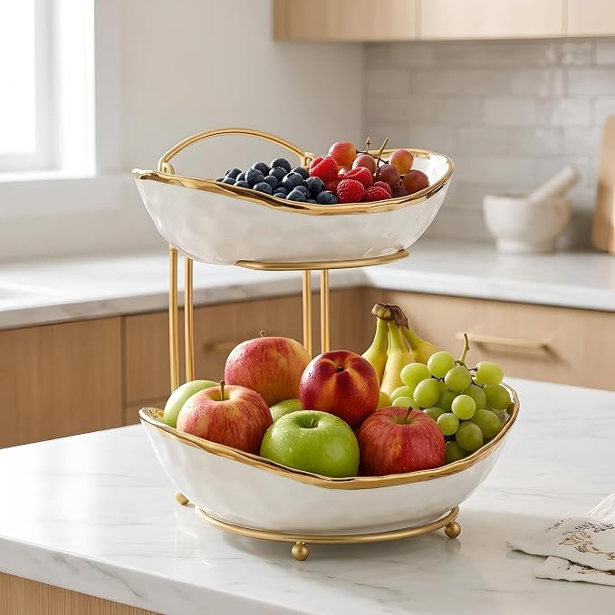XUDREZ 2 Tier/ 3 Tier Fruit Bowl with Metal Stand for Kitchen Counter, Ceramic Gold Silver White, Portable Tiered Fruit Basket Fruit Rack for Nuts, Snacks, Bread, Candy Storage (White A, 2 Tier) - Image 3