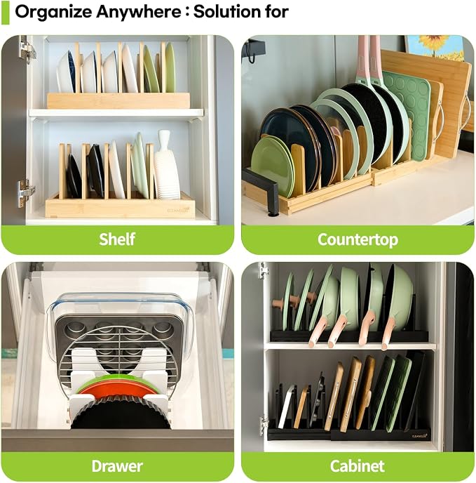 Pots and Pans Organizer under Cabinet, Bamboo Expandable Bakeware and Cutting Board Organizers, Adjustable Pot Lids Holder Rack, Cookie Sheet Baking Pan, Tray Organizer for Kitchen Storage (Natural) - Image 4