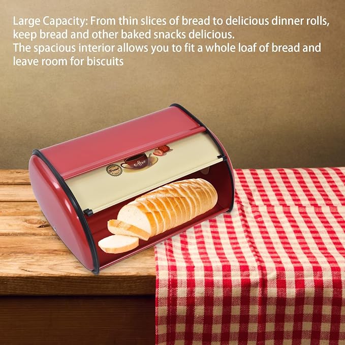 Metal Bread Box for Kitchen Countertop, Large Capacity Bread Bin Holder Container Roll Top Lid Bread Storage for Dry Food Save Powder Coated Iron Bread Box for Home Bakery Coffee Shop (Red) - Image 2