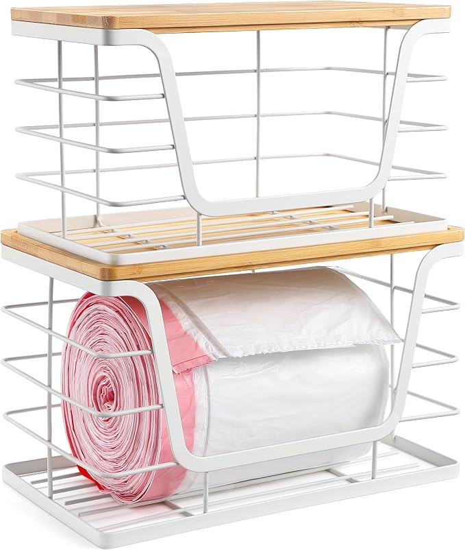 ALOCEO 2 Pack Potato and Onion Storage Bins, Large Trash Bag Holder Under Sink with Bamboo Top, Stainless Steel Pantry Organizers Storage, Kitchen Counter, White - Image 4