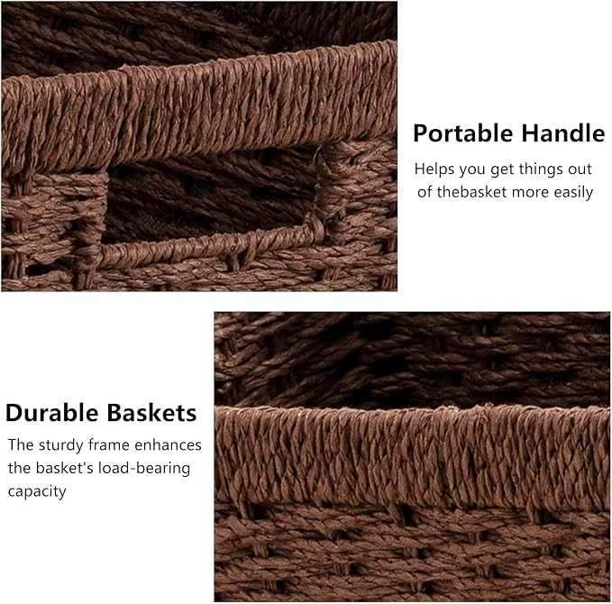 joybest Dark Brown Wicker Baskets for Shelves, Hand-woven Storage Baskets | 13.4L x 8.3W x 7.1H inch for Pantry, Kichen Organizing, Foldable Rectangular Bin with Handles, 2-pack - Image 8