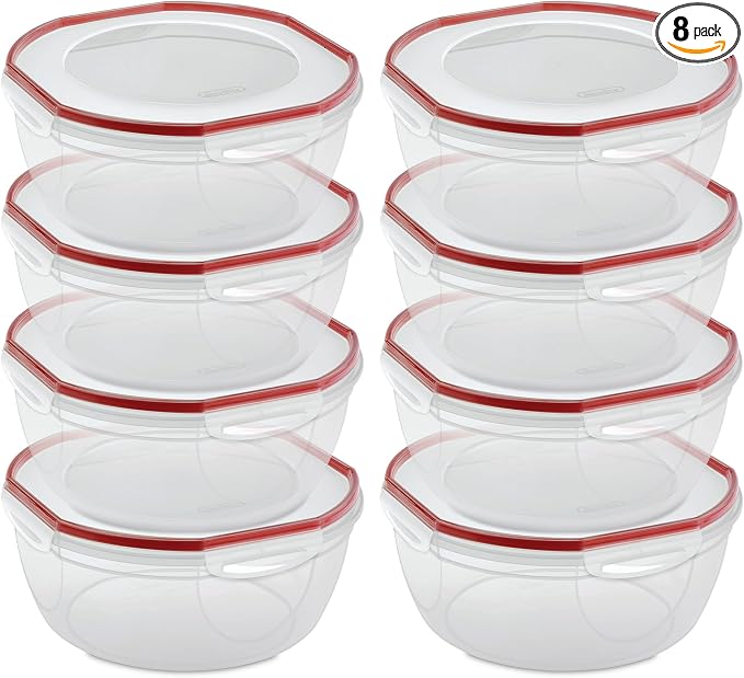 Sterilite Ultra-Seal 8.1 Qt Bowl, Large Airtight Food Storage Container, Latching Lid, Microwave and Dishwasher Safe, Clear With Red Gasket, 8-Pack by Sterilite