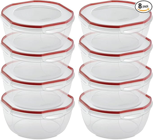 Sterilite Ultra-Seal 8.1 Qt Bowl, Large Airtight Food Storage Container, Latching Lid, Microwave and Dishwasher Safe, Clear With Red Gasket, 8-Pack by Sterilite