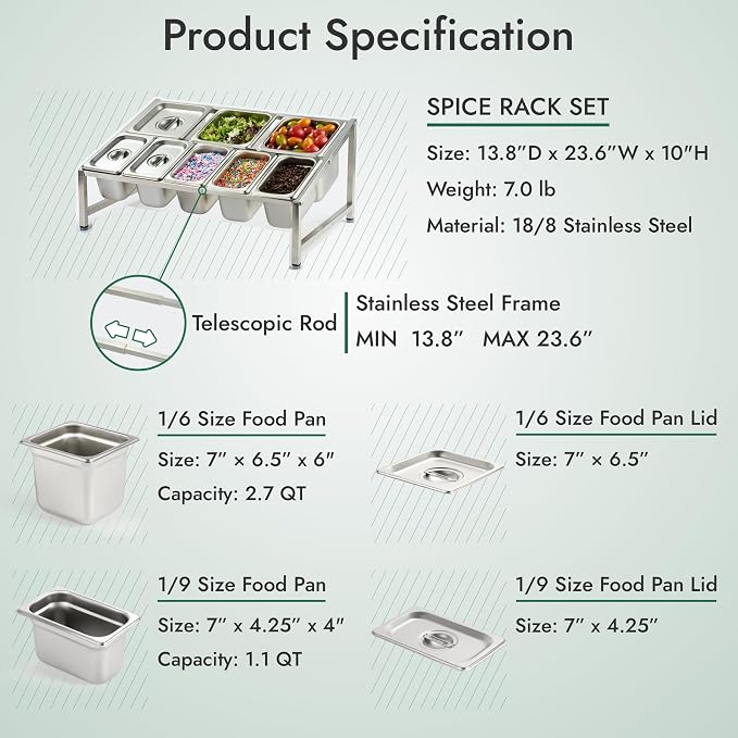 Expandable 18/8 Stainless Steel Spice Rack Set, NSF Certified, 2-Tier Inclined Organizer Shelf with 3 1/6 Pan & 5 1/9 Pan, 13.8"-23.6" Adjustable - Image 5