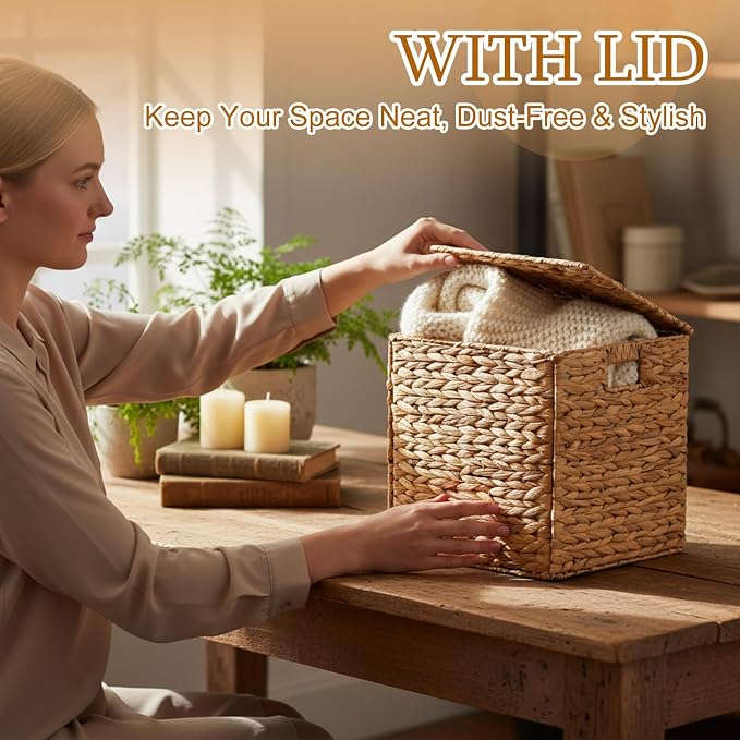 Jinei 6 Pcs Water Hyacinth Storage Baskets with Lid 12"x12"x12" Wood Color | Handwoven Wicker Bins with Handles, Wicker Cube Baskets Bulk for Shelves Organizer Laundry, Closet Bedroom - Image 4