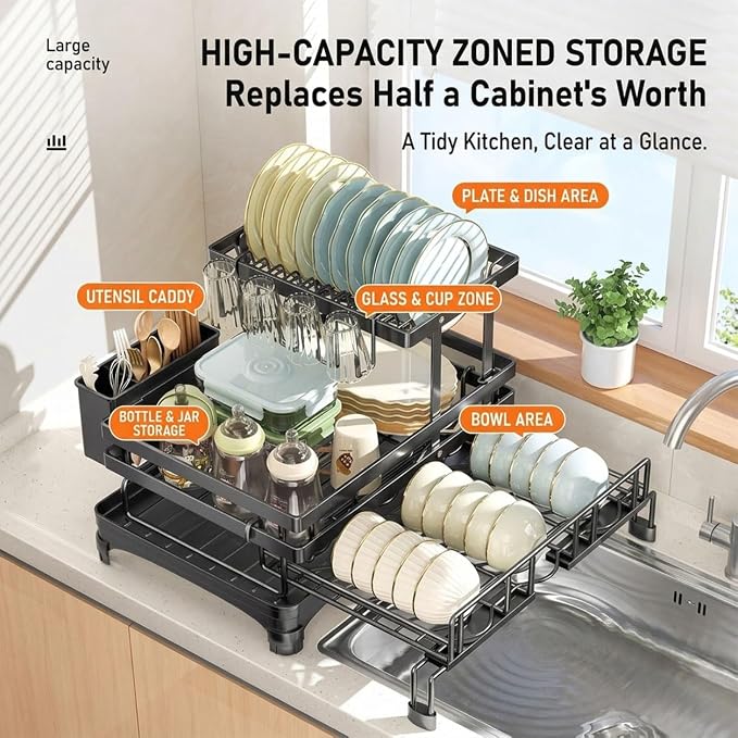 2 Tier Dish Drying Rack, Expandable Dish Rack for Kitchen Counter with 360° Swivel Auto Drain Spout, Large Capacity Dish Drainer with Detachable Utensil Holder, Carbon Steel Kitchen Organizer - Image 4