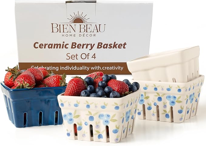 Ceramic Berry Basket, Farmhouse Colander, Farmers Market square Bowl. Rustic Kitchen decor fruit bowls, Fruit Baskets, Bleu White and Blueberry pattern Stoneware Harvest Bowls Set of 4 | Blue, white and blueberry designs, stoneware, dishwasher safe, dr... by BIENBEAU