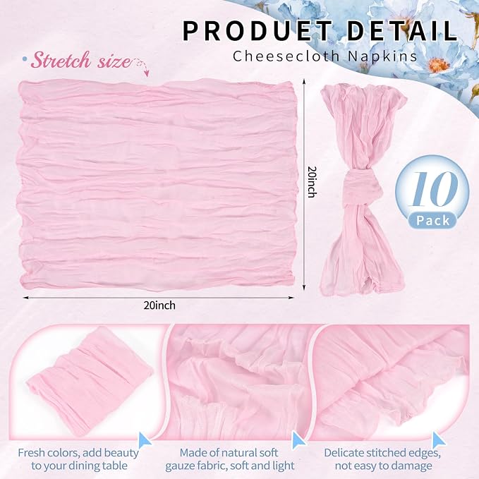 10 Pack Pink Cheesecloth Napkins 20"x20" Boho Washable Cloth Napkins Set of 10 Wrinkled Cheese Cloth Napkins Gauze Dinner Table Napkin for Wedding Party Baby Shower Birthday Decor - Image 2