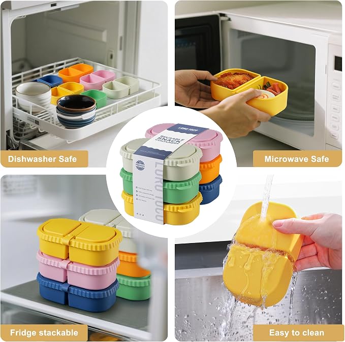 6 Pack Reusable Silicone Snack Containers with Lids, 2 Compartment Bento Snack Boxes, Leakproof Portion Control Food Containers for Fruits, Nuts, School, Office & Travel, Dishwasher Safe - Image 6