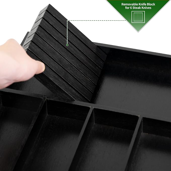 VaeFae Bamboo Silverware Drawer Organizer, 5 Slots, Black | Kitchen Utensil Organizer, Removable Knife Block, Cutlery Tray with Divider, Fork and Spoon Holder - Image 2