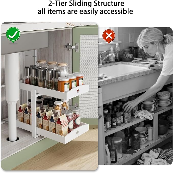 2 Pack Bamboo Under Sink Organizer, 2-Tier Sliding Drawers for Cabinets | Pull-out drawers keep cleaners and tall bottles visible, organized and easy to reach in kitchen or bathroom cabinets - Image 7