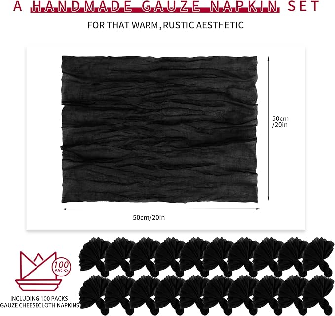 Teruntrue 100 Pack Black Cloth Napkins Set of 100 Gauze Napkins Bulk Washable Boho Dinner Table Napkins Wedding Party Baby Shower Birthday Party Decorations, 20 x 20 Inch - Image 2