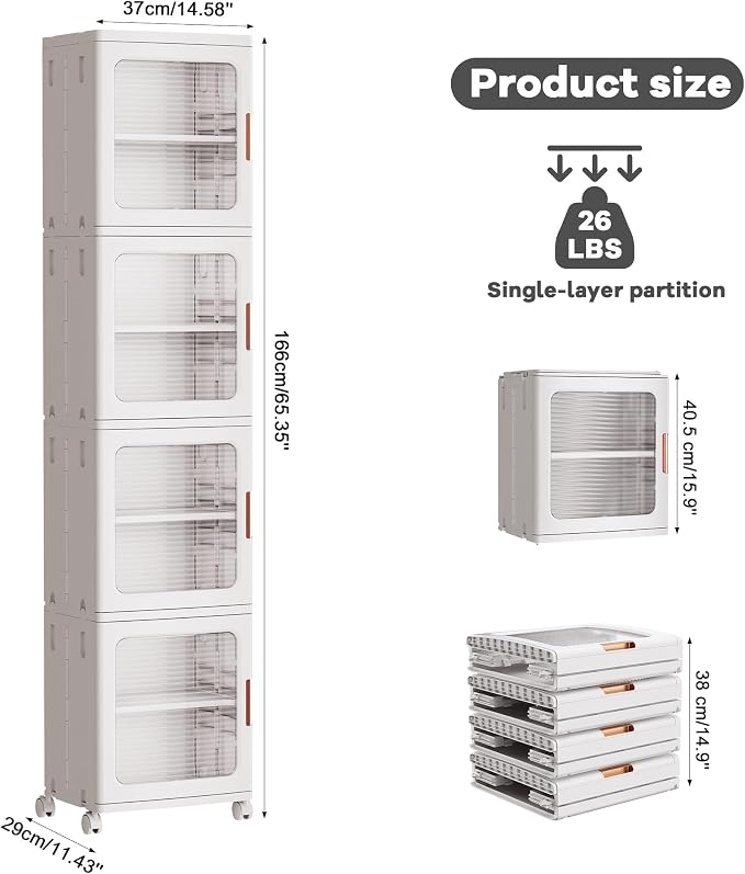 4-Tier Tall Narrow Plastic Storage Cabinet, Foldable | Rolling Organizer with Lid,4 Doors,2 Adjustable Shelves,Stackable,Durable PP,Freestanding Bathroom Cabinet for Slim Space - Image 2