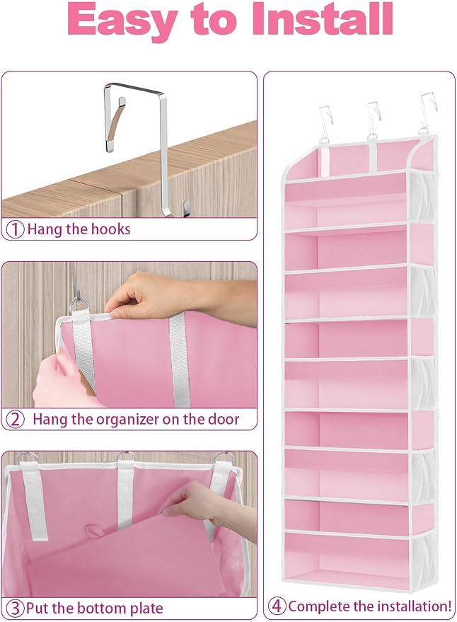 TAHAVICE Over the Door Organizer with Clear PVC Windows & 10 Mesh Pockets | 5-Tier Hanging Storage, Cute Closet Organizer for Makeup, Perfume, Toys, Perfect Pink Room Decor for Girl - Image 7