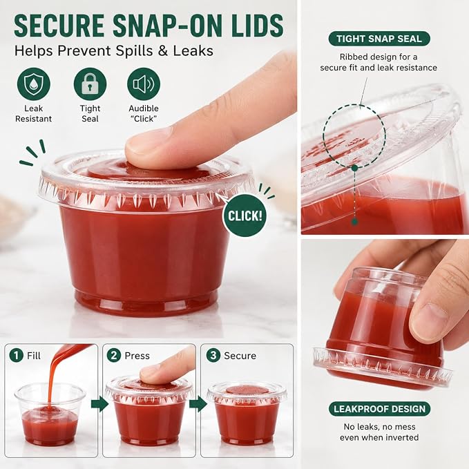 2500 Sets 1 Oz Clear Plastic Portion Cups with Lids Condiment and Dipping Sauce Container Salad Dressing Container Airtight and Stackable Souffle Cups for Lunch, Party, Trips - Image 3