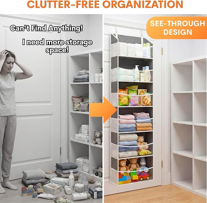 2 Pack Over Door Organizer with 6 Large Pockets | 6 Transparent Pockets & 12 Mesh Side, 80 lbs Weight Capacity Hanging Storage for Toys, Shoes, Diapers, Pantry - Image 3