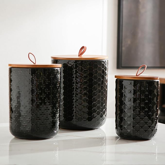 JOJUNO Black Ceramic Canister Set with Wooden Lids – 3-Piece Airtight Food Storage Jars for Kitchen, Embossed Design, Small/Medium/Large Sizes (30/48/82 oz) – Flour, Sugar, Coffee, Tea Containers - Image 7