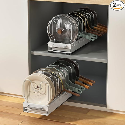 Pots and Pans Organizer Under Cabinet with Drain Board, Pull-out Expandable Pot Lid Organizer inside Cabinet Holder with 10 Adjustable Compartment, Rack for Cutting Board, White (Pack of 2) by Stayorganized