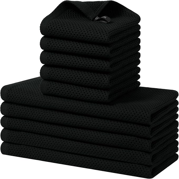 Homaxy 10 Pack 100% Cotton Kitchen Towels and Dishcloths Set, Black | 12 x 12 Inches and 13 x 28 Inches Kitchen Towels Set, Ultra Soft Absorbent Dish Cloths for Washing Dishes by Homaxy