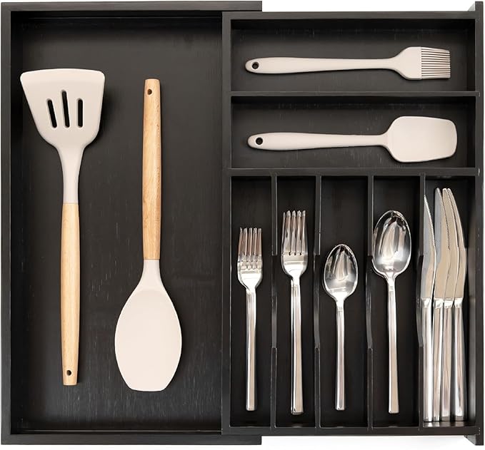 Silverware & Utensil Drawer Organizer, 10.5-19 in, Black Bamboo | Cutlery, flatware, food-safe contract grade, kitchen drawer fit by KitchenEdge
