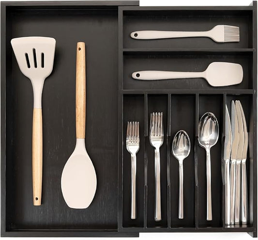 Silverware & Utensil Drawer Organizer, 10.5-19 in, Black Bamboo | Cutlery, flatware, food-safe contract grade, kitchen drawer fit by KitchenEdge
